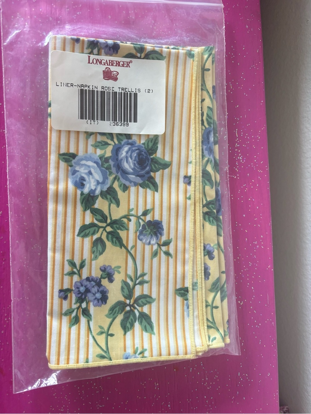 Longaberger Rose Trellis Napkins - Blue Floral (2 Pack), NEW IN ORIGINAL PACKAGE